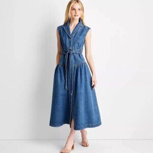 Universal Thread Women's Denim Dress Tie-Waist Midi A-Line Size 2